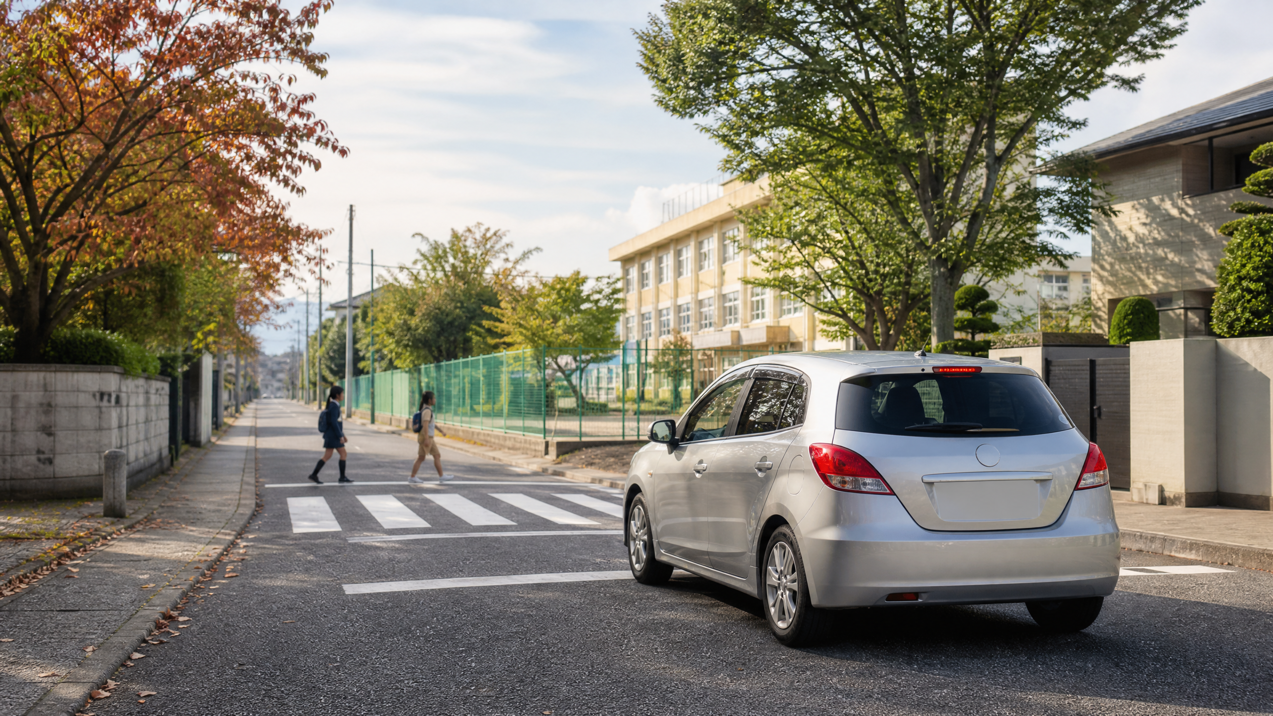 Rental car approaching a Japanese school-area pedestrian crossing safely